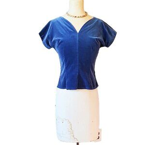 1950s True Vintage Blue Velvet Form Fitted V Sweetheart Neck Top Blouse As Is